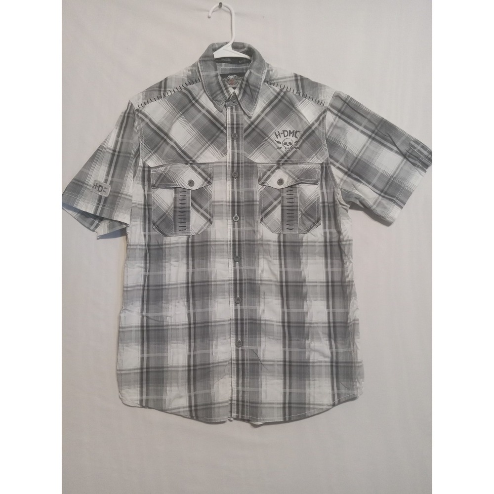 Harley Davidson Plaid Shirt Button Up Mens Med Black White Small Stain Mechanic
